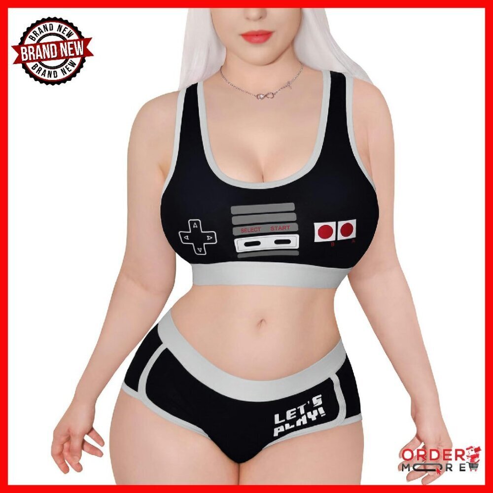 Cotton Camisole Panties Bralette Set Gaming Print Loungewear